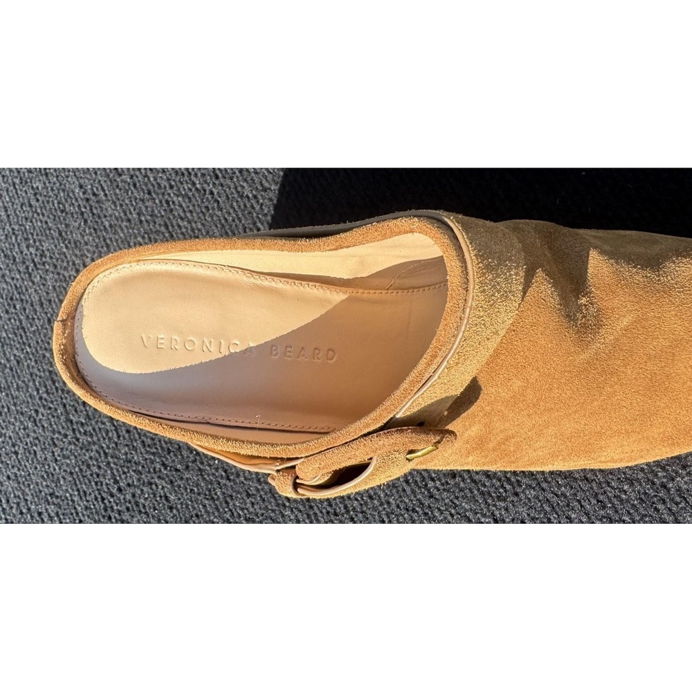 Veronica Beard Dacey Suede Wooden Clog Mule Camel Brown Studded Buckle Heel 8.5M - Picture 10 of 13